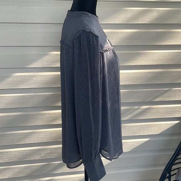 Ann Taylor grey high collared chiffon ruffled blouse with dots and subtle bling - Picture 6 of 13